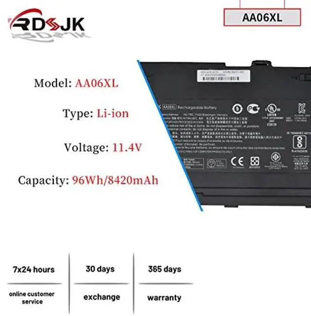Alt view image 2 of 5 - AA06XL Laptop Battery for HP ZBook 17 G4 G4-2ZC18ES G4-1RR26ES G4-Y6K23EA Z3R03UT Z3R03AA Series HSTNN-DB7L AA06096XL 852711-850 852527-241 852527-242 852527-221 852527-222 AA06096XL-PR 11.4V 96Wh