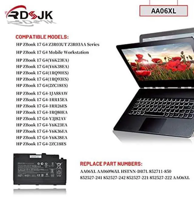 Alt view image 3 of 5 - AA06XL Laptop Battery for HP ZBook 17 G4 G4-2ZC18ES G4-1RR26ES G4-Y6K23EA Z3R03UT Z3R03AA Series HSTNN-DB7L AA06096XL 852711-850 852527-241 852527-242 852527-221 852527-222 AA06096XL-PR 11.4V 96Wh