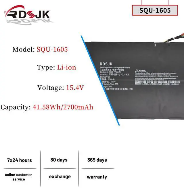 Alt view image 2 of 5 - SQU-1605 SQU1605 Laptop Battery for Acer Spin 7 SP714-51 SF713-51 Swift 7 S7-371 SF713 SF713-51 SP714-51-M09D SP714-51-M61T SF713-51-M51W SF713-51-M90J SF713-51-M9FS Series KT0040B001 15.4V 41.58Wh