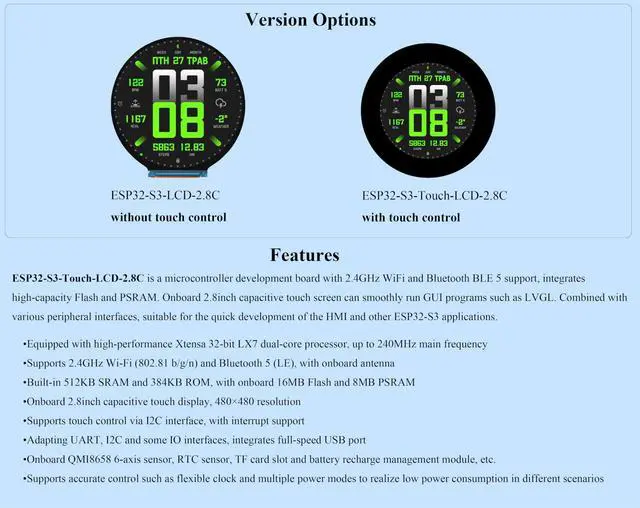 Alt view image 4 of 5 - ESP32-S3 2.8inch Round Display Development Board Development Board, 480x480 Resolution IPS Display, 32-bit LX7 Dual-Core Processor, ESP32 with Display, Supports WFi & BLE