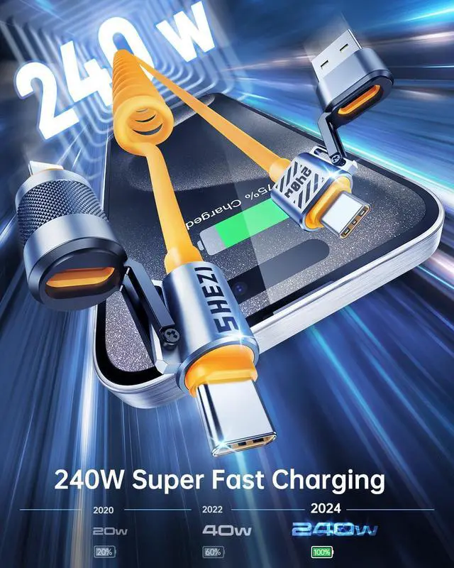 Alt view image 3 of 5 - Vexipia 4-in-1 Coiled 5FT 240W USB C Cable (Yellow) with Coiled 5FT 240W USB C Cable with Magnetic Organizer (Yellow) Bundle