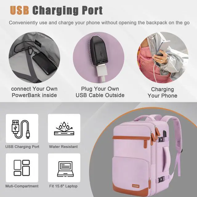 Alt view image 2 of 5 - Velaybor 40L Travel Backpack with USB Charging Port, Water-Resistant Carry On Backpack for Men Women, Business Laptop Backpack for Men & Women, Trips & Commutes, Fits 15.6/17.3 Inch Laptop (Purple)