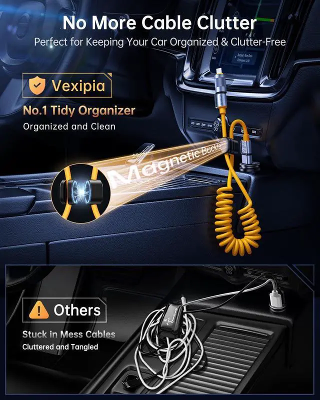 Alt view image 4 of 5 - Vexipia 4-in-1 Coiled 5FT 240W USB C Cable (Yellow) with Coiled 5FT 240W USB C Cable with Magnetic Organizer (Yellow) Bundle