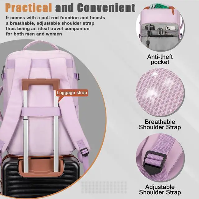 Alt view image 4 of 5 - Velaybor 40L Travel Backpack with USB Charging Port, Water-Resistant Carry On Backpack for Men Women, Business Laptop Backpack for Men & Women, Trips & Commutes, Fits 15.6/17.3 Inch Laptop (Purple)