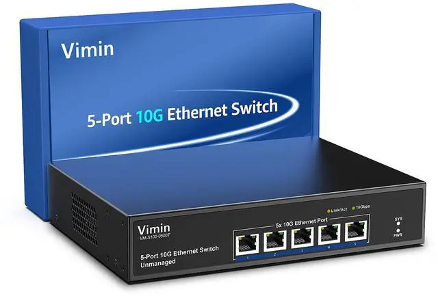Main image of 5-Port 10G Ethernet Switch Unmanaged, VIMIN 10Gbe Network Switch with Base-T RJ45 Ports Support 100M/1000M/2.5G/5G/10G Speed Auto-Negotiation, for 10G NAS Network,PC,10G NIC, WiFi7 Router,Plug & Play