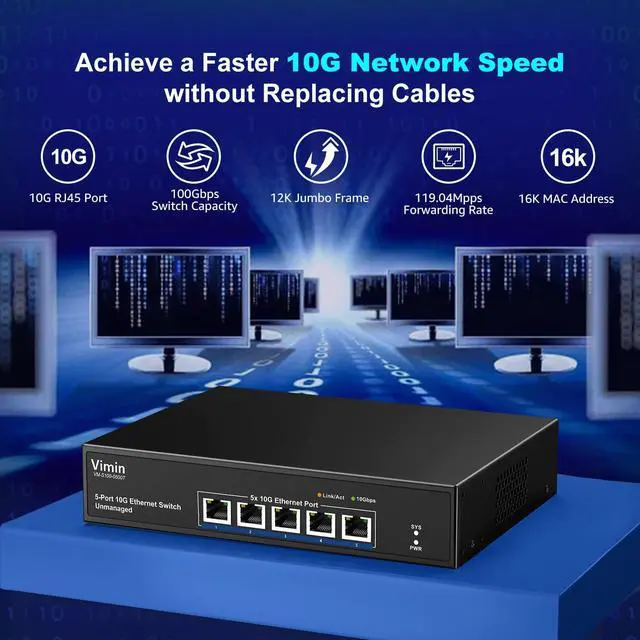 Alt view image 2 of 5 - 5-Port 10G Ethernet Switch Unmanaged, VIMIN 10Gbe Network Switch with Base-T RJ45 Ports Support 100M/1000M/2.5G/5G/10G Speed Auto-Negotiation, for 10G NAS Network,PC,10G NIC, WiFi7 Router,Plug & Play