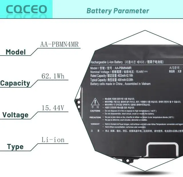 Alt view image 3 of 5 - CQCEO AA-PBMN4MR Laptop Battery for Samsung Galaxy Book Pro 360 13 NP930XDB NP935XDB NP930XED NP930QED NP950QED NP940XFG NP930XED-KF1HK NP930QED-KA2DE Series BA43-00397 15.44V/62.1Wh/4023mAh/4-cell