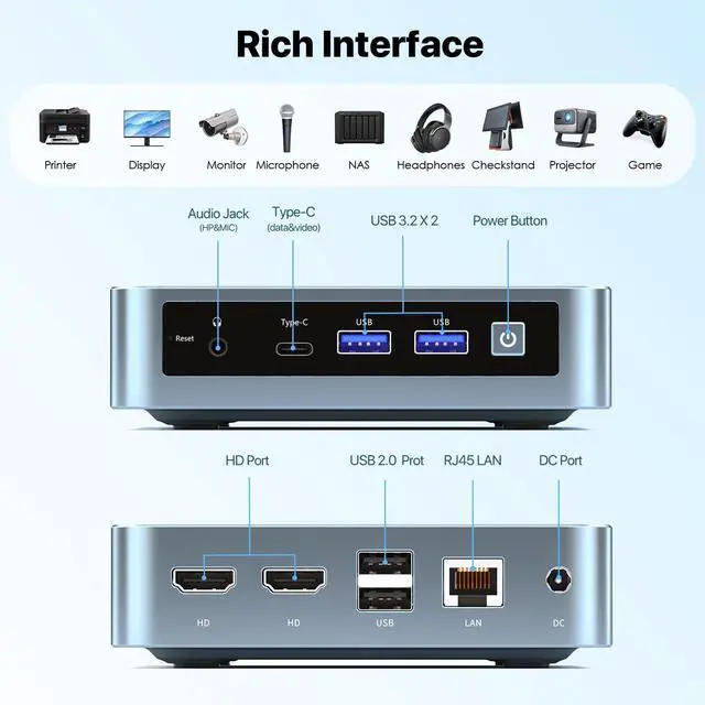Alt view image 5 of 5 - PELADN Mini PC, Twin Lake N150(Upgraded N100),8GB DDR4/256GB SSD,Type-C/Dual HD,Mini Desktop Computer,WiFi5 4K/60Hz Triple-Display USB3.2/BT4.2 Mini Computers for Home Business