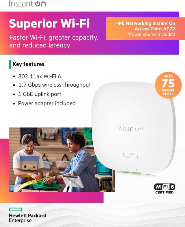Alt view image 3 of 5 - HPE Networking Instant On Access Point AP22 2x2 WiFi 6 Indoor Wireless Access Point | Long Range, Secure, Smart Mesh Support | Power Source Included | US Model (R6M49A)