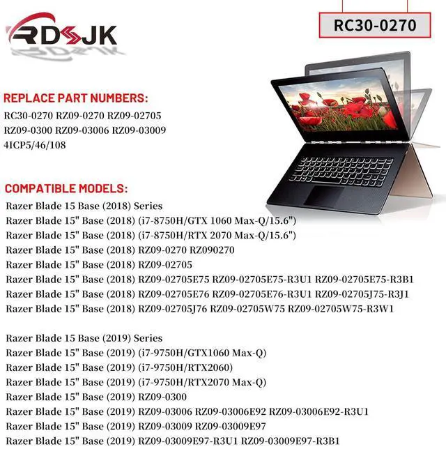 Alt view image 3 of 5 - RC30-0270 65Wh Laptop Battery for Razer Blade 15 Base 2018 2019 RTX 2060 2070 GTX 1060 RZ09-0270 RZ09-02705 RZ09-02705E75 RZ09-02705E76 RZ09-02705J76 RZ09-03006 RZ09-03009 RZ09-03006E92 RZ09-03009E97
