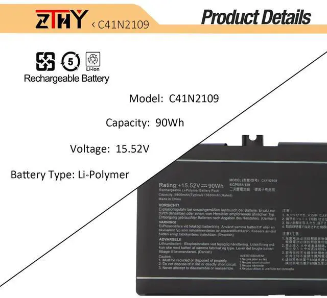 Alt view image 3 of 5 - 90Wh C41N2109 Battery Replacement for ASUS Rog Flow X16 GV601RE GV601RW GV601RM GV601VI Strix G16 G614J G614JV Strix G18 G814J G814JI SCAR 16 G634JY G634JZ 18 G834JY G834JZ Zephyrus G16 M16 GU604VZ