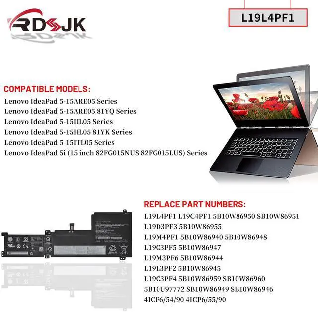 Alt view image 3 of 5 - L19L4PF1 L19M4PF1 L19C4PF1 Laptop Battery for Lenovo Ideapad 5-15 5-15IIL05 5-15ARE05 5-15ITL05 5i Series L19D3PF3 L19C3PF5 L19M3PF6 L19L3PF2 L19C3PF4 5B10W86940 5B10W86948 5B10W86950 SB10W86951 70Wh
