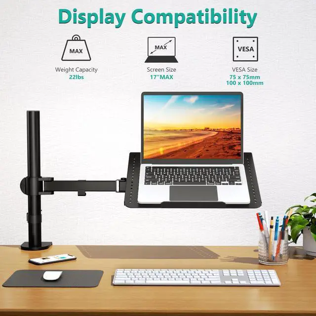 Alt view image 2 of 5 - Wail Bundle - Laptop Mount Arm for Desk and Monitor Mount with Laptop Tray up to 17 inch and 1 Screen up to 27 inch, 22lbs Weight Capacity