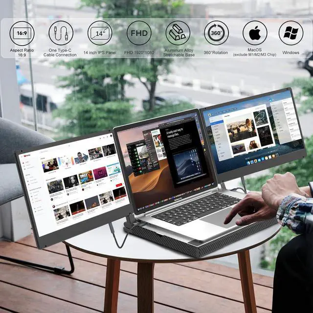 Alt view image 2 of 5 - KEFEYA 14'' Triple Laptop Monitor Extender with Metal Base, 360deg Rotation 1080P Portable Laptop Screen Extender for 12-17.3'' Laptops-Compatibility for Windows, Surface, MacBook, Switch, Plug & Play