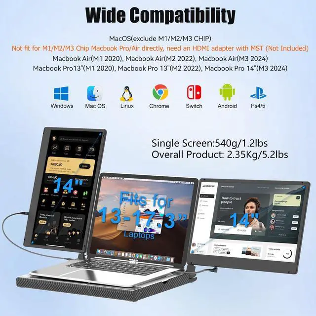 Alt view image 3 of 5 - KEFEYA 14'' Triple Laptop Monitor Extender with Metal Base, 360deg Rotation 1080P Portable Laptop Screen Extender for 12-17.3'' Laptops-Compatibility for Windows, Surface, MacBook, Switch, Plug & Play