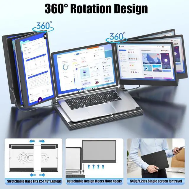 Alt view image 4 of 5 - KEFEYA 14'' Triple Laptop Monitor Extender with Metal Base, 360deg Rotation 1080P Portable Laptop Screen Extender for 12-17.3'' Laptops-Compatibility for Windows, Surface, MacBook, Switch, Plug & Play