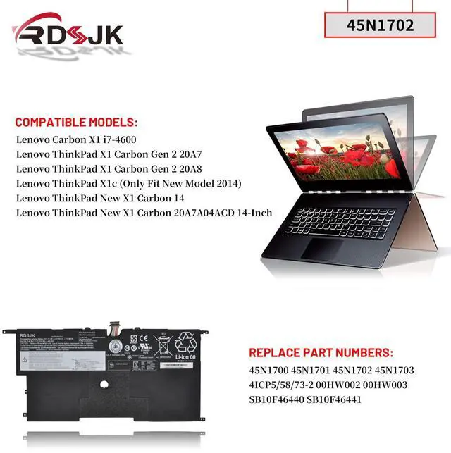 Alt view image 3 of 5 - 45N1702 45N1703 45N1700 45N1701 00HW003 00HW002 Laptop Battery for Lenovo ThinkPad X1 Carbon Gen 2 20A7 20A8 New X1 Carbon 20A7A04ACD 14 Inch Carbon X1 i7-4600 X1Carbon 14" 4ICP5/58/73-2 14.8V 45Wh