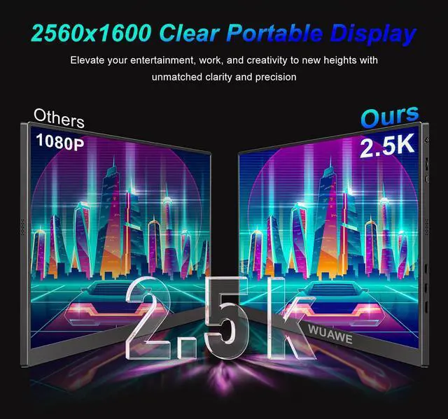 Alt view image 3 of 5 - WUAWE 2.5K 144HZ Portable Gaming Monitor, 16" 100% sRGB 2560x1600 Kickstand,HDR, FreeSync, Ultra Slim, Blue Light, External Second Computer Monitor withLow for PC