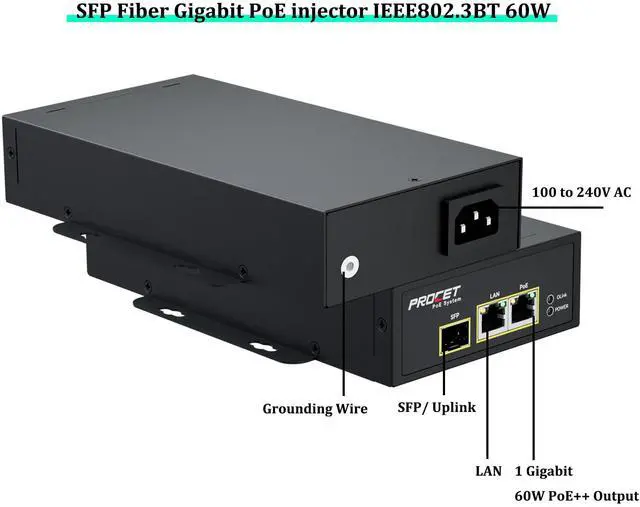 Alt view image 2 of 5 - PROCET 60W SFP Fiber PoE Injector Gigabit SFP/ Uplink PoE Power Supply, LAN Multi-Options, IEEE802.3at/bt PoE++, PoE 6KV Surge Protection, Wide Temp -40 to 149, PT-PSE107GRO-S