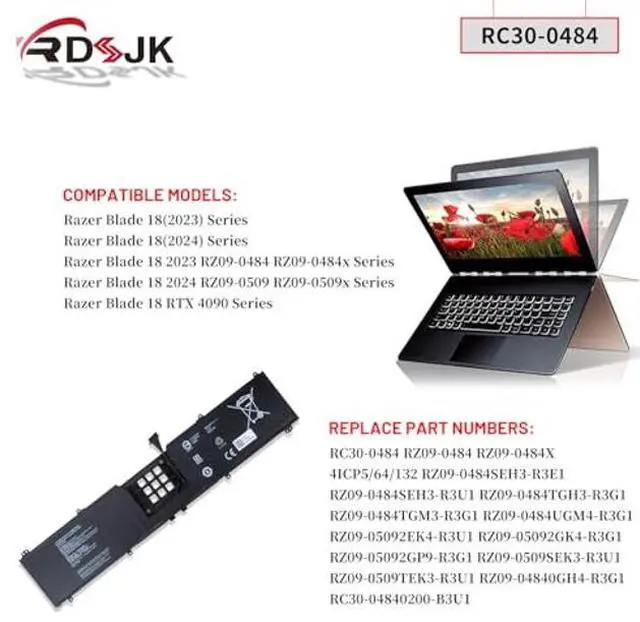 Alt view image 3 of 5 - RC30-0484 RZ09-0484 Laptop Battery for Razer Blade 18 2023 RZ09-0484X 2024 RZ09-0509 Series RZ09-04840GH4-R3G1 RZ09-0484SEH3-R3E1 RZ09-0484SEH3-R3U1 RZ09-0484TGH3-R3G1 RZ09-0484TGM3-R3G1 15.4V 91.7Wh