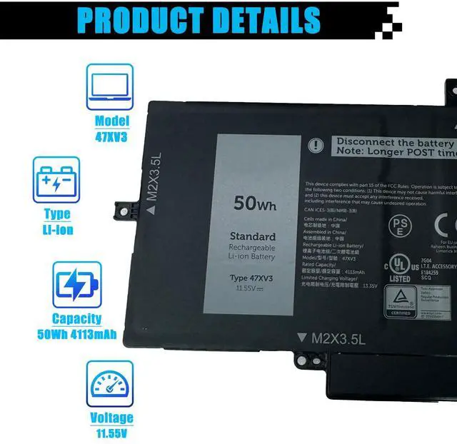 Alt view image 2 of 5 - AOMKA 47XV3 Laptop Battery Replacement for Dell Latitude 9330 2-in-1 Latitude 9330 Series Notebook 047XV3 05Y3T9 0GK1M0 11.55V 50Wh 4113mAh