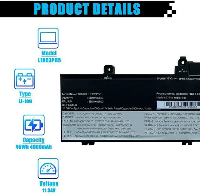 Alt view image 2 of 5 - L19C3PD5 SB10X02597 Laptop Battery Replacement for Lenovo ThinkPad E14 Gen 2 / E14 Gen 3 / E14 Gen 4 / E15 Gen 2 / E15 Gen 3 / E15 Gen 4 Series L19M3PD5 SB10X02591 L19D3PD5 SB10X02605 L19L3PD5 45Wh