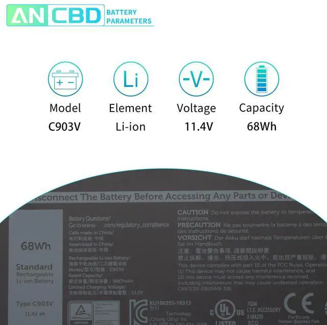 Alt view image 2 of 5 - ANCBD C903V Laptop Battery Compatible with Dell Precision 7550 7560 7750 7760 Series C903V 17C06 068N03 PKWVM 453-BBCP 0447VR 447VR 0CR72X CR72X 3ICP4/60/81-2 11.4V 68Wh/5667mAh