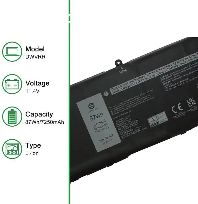 Alt view image 2 of 5 - JIAZIJIA DWVRR Laptop Battery Replacement for Alienware X15 X17 R1 R2 Inspiron 16 7620 2-in-1 Series Notebook 0NR6MH NR6MH Black 11.4V 87Wh 7250mAh