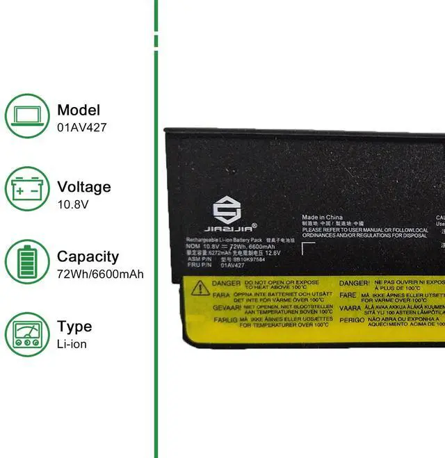 Alt view image 2 of 5 - JIAZIJIA 01AV427 SB10K97584 61++ Laptop Battery Replacement for Lenovo ThinkPad T470 P51S P52S T480 T570 T580 TP25 A475 A485 Series Notebook 4X50M08812 01AV428 01AV492 SB10K97585 10.8V 72Wh 6600mAh