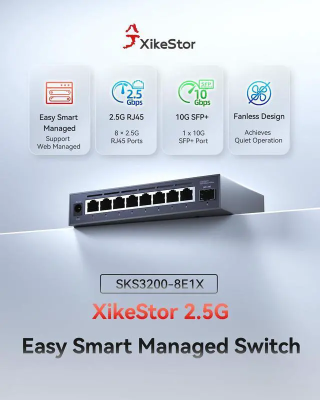 Alt view image 2 of 5 - XikeStor 9-Port 2.5G Web Managed Ethernet Switch, VLAN/QoS/STP/IGMP/LACP Supported, Fanless Easy Smart 2.5Gb Network Switch, Aluminum Housing, Desktop/Wall-Mount