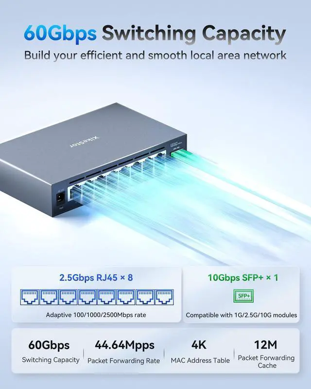 Alt view image 3 of 5 - XikeStor 9-Port 2.5G Web Managed Ethernet Switch, VLAN/QoS/STP/IGMP/LACP Supported, Fanless Easy Smart 2.5Gb Network Switch, Aluminum Housing, Desktop/Wall-Mount