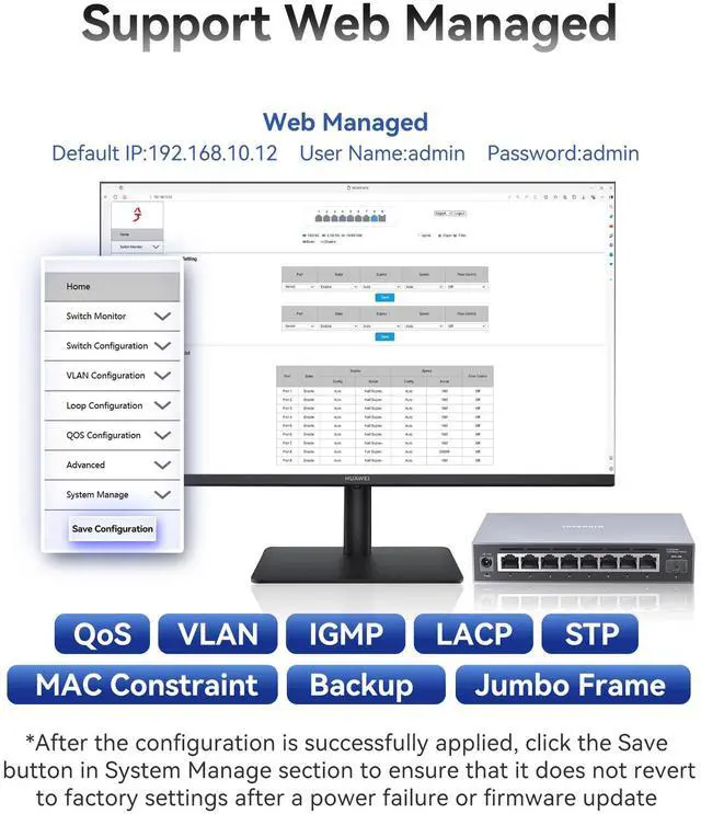 Alt view image 4 of 5 - XikeStor 9-Port 2.5G Web Managed Ethernet Switch, VLAN/QoS/STP/IGMP/LACP Supported, Fanless Easy Smart 2.5Gb Network Switch, Aluminum Housing, Desktop/Wall-Mount