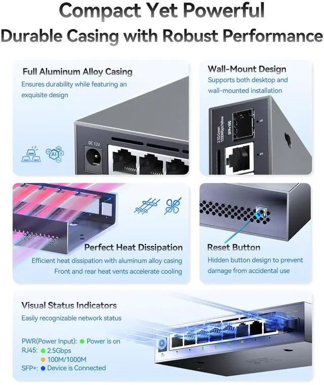 Alt view image 5 of 5 - XikeStor 9-Port 2.5G Web Managed Ethernet Switch, VLAN/QoS/STP/IGMP/LACP Supported, Fanless Easy Smart 2.5Gb Network Switch, Aluminum Housing, Desktop/Wall-Mount