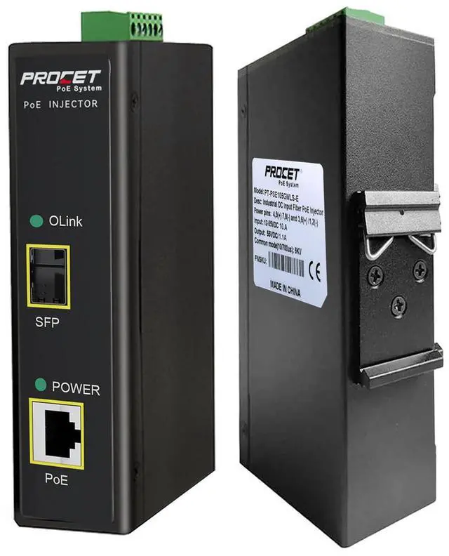 Main image of PROCET SFP Fiber PoE Injector DIN Rail IEEE802.3bt 60W Industrial Gigabit SFP/Uplink PoE++ Power Injector, Wide Working Temp -40degF to 149degF for IP Camera, Access Point, POS, Kiosks