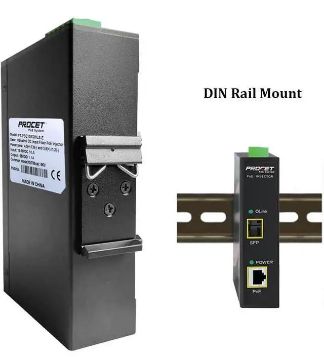 Alt view image 4 of 5 - PROCET SFP Fiber PoE Injector DIN Rail IEEE802.3bt 60W Industrial Gigabit SFP/Uplink PoE++ Power Injector, Wide Working Temp -40degF to 149degF for IP Camera, Access Point, POS, Kiosks