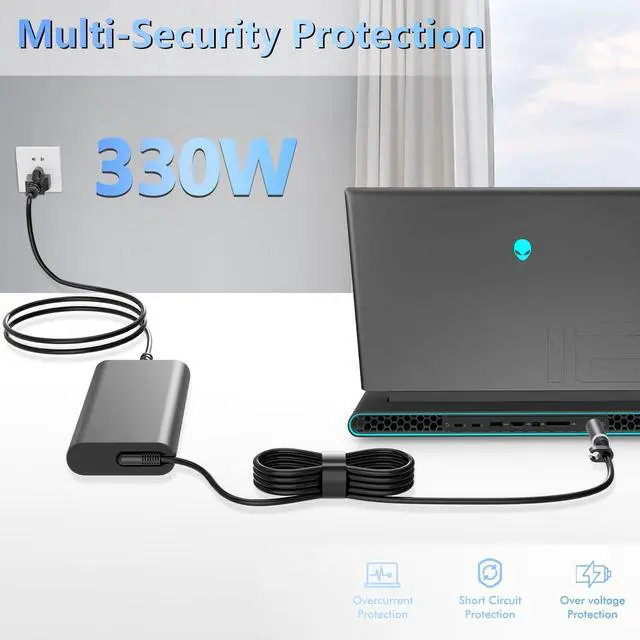 Alt view image 4 of 5 - GaN 330W 19.5V 16.92A Slim AC Charger Fit for Dell Alienware X17 X51 M18x M17 Dell G15 G16 5530 7630 7620 LA330PM201 HA330PM201 DA330PM201 Laptop Supply Power Adapter Cord