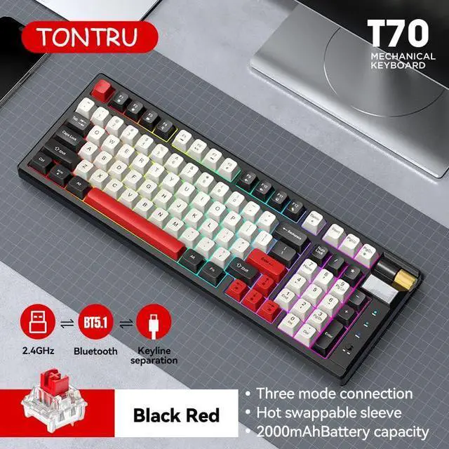 Alt view image 3 of 5 - Mechanical Gaming Keyboard, 97 Keys, RGB Backlit, Multi-Color Keycaps, Esports Red axis Hot Plug Three Mode Connection Type-C Wired/2.4GHz Wireless/Bluetooth Tri-Mode Mechanical Keyboard (Black&Red)