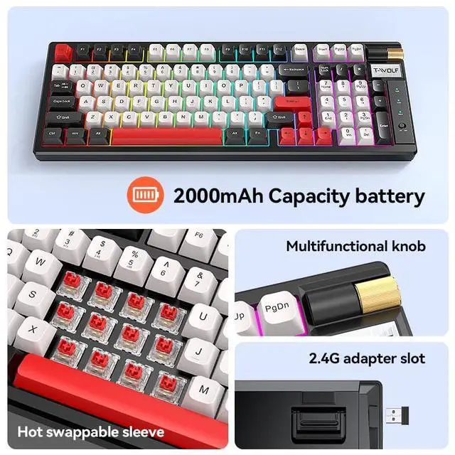 Alt view image 4 of 5 - Mechanical Gaming Keyboard, 97 Keys, RGB Backlit, Multi-Color Keycaps, Esports Red axis Hot Plug Three Mode Connection Type-C Wired/2.4GHz Wireless/Bluetooth Tri-Mode Mechanical Keyboard (Black&Red)