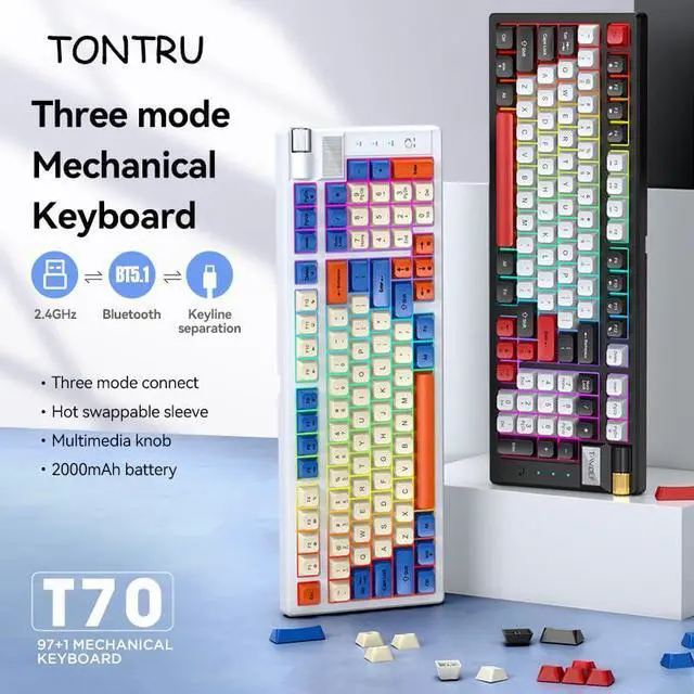 Alt view image 5 of 5 - Mechanical Gaming Keyboard, 97 Keys, RGB Backlit, Multi-Color Keycaps, Esports Red axis Hot Plug Three Mode Connection Type-C Wired/2.4GHz Wireless/Bluetooth Tri-Mode Mechanical Keyboard (Black&Red)