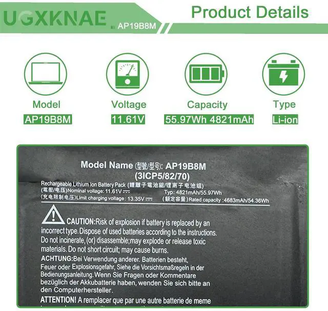 Alt view image 2 of 5 - UGXKNAE AP19B8M Laptop Battery for Acer Swift 3 SF314-59SF314-59-56F2 SF314-59-78Z8 TravelMate P4 TMP414-51 TMP414-51-54HA Porsche Design Book RS AP714-51GT-75VS Series Notebook KT0030G024