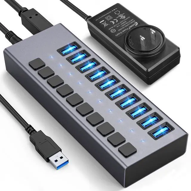 Main image of 48W Powered USB Hub - ACASIS 10 Ports USB 3.0 Data Hub, Individual On/Off Switches, 12V/4A Power Adapter, Aluminum Housing, USB Splitter for PC, Computer, Mobile HDD, Flash Drive