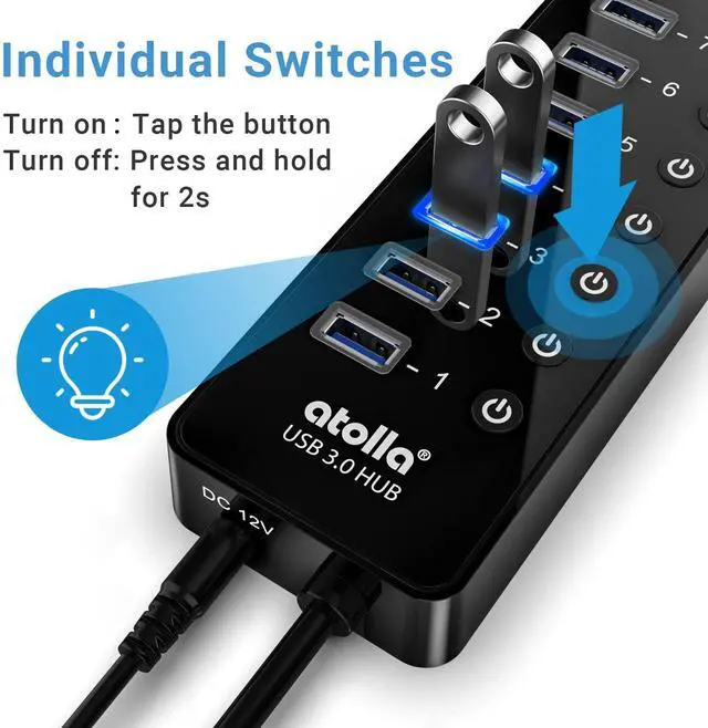 Alt view image 2 of 5 - Power USB Hub 3.0, atolla 16 Port USB Splitter with 12V/6A Power Adapter and Individual Switches, High-Speed Data Transfer for Laptop, PC, Mac, and More Devices