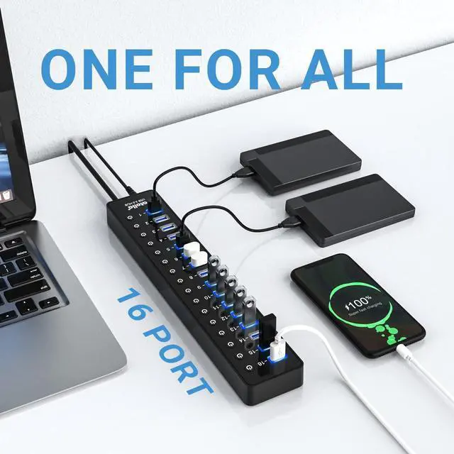 Alt view image 3 of 5 - Power USB Hub 3.0, atolla 16 Port USB Splitter with 12V/6A Power Adapter and Individual Switches, High-Speed Data Transfer for Laptop, PC, Mac, and More Devices