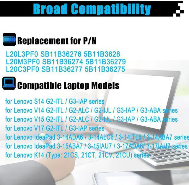 Alt view image 3 of 5 - AOMKA L20L3PF0 SB11B36276 Battery Replacement for Lenovo Ideapad 3-14ITL6 3-15ITL6 3-17ITL6 3-14ALC6 3-15ALC6 3-17ALC6 3-14ABA7 S14 G2-ITL G3-IAP V14 V15 V17 G2 G3 K14 Series L20M3PF0 L20C3PF0 45Wh
