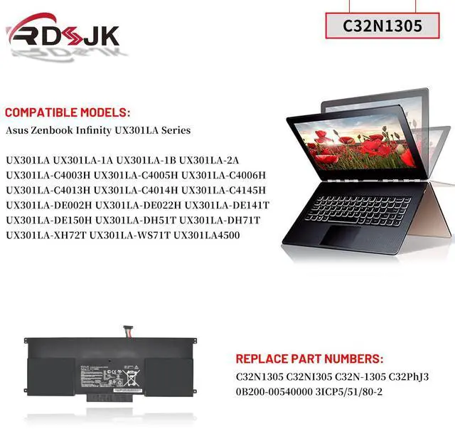 Alt view image 3 of 5 - C32N1305 Laptop Battery for Asus Zenbook Infinity UX301L UX301LA UX301LA-1A UX301LA-1B UX301LA-2A UX301LA-C4003H C4005H C4006H C4013H C4014H XH72T DH71T DH51T WS71T UX301LA4500 C32NI305 11.1V 50Wh