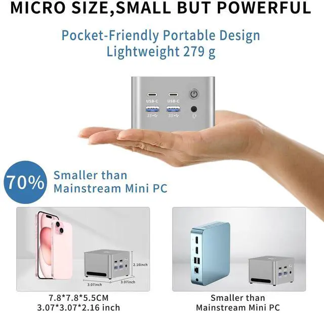 Alt view image 3 of 5 - GenMachine Mini PC Desktop Computers - AMD Ryzen 3 5425U 8GB DDR4, 256GB SSD, Gaming PC with Wifi6/BT5.2, Gaming/Office/Design Up to 4.1GHz 4c/8t -Silver