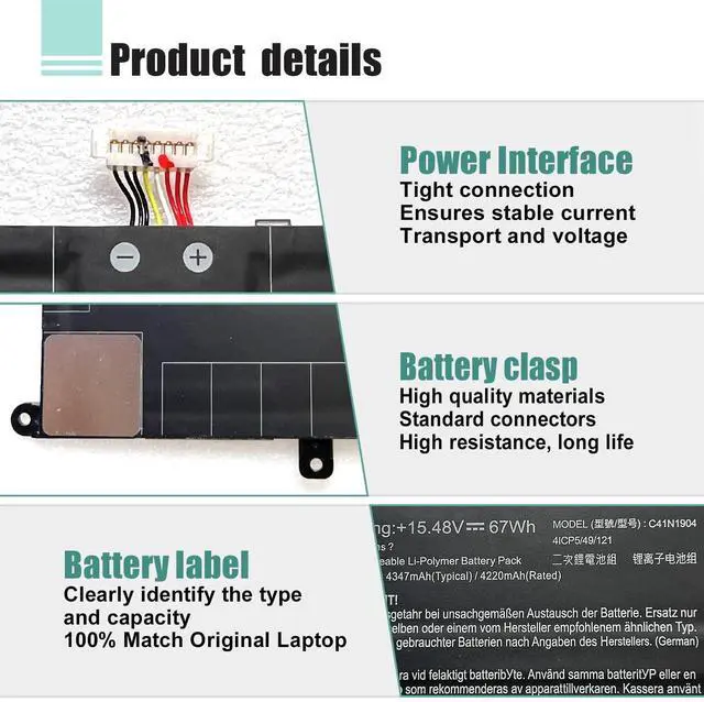 Alt view image 4 of 5 - BOWEIRUI C41N1904 C41N1904-1 Battery for ASUS ZenBook 14 UX425UA UM425IA UX425EA UX425JA 13 BX325JA UX325EA UX325JA UX325SA UM325SA UX363EA UX363JA S UX371 UX393 UX393EA UX371EA S14 S435 S435EA