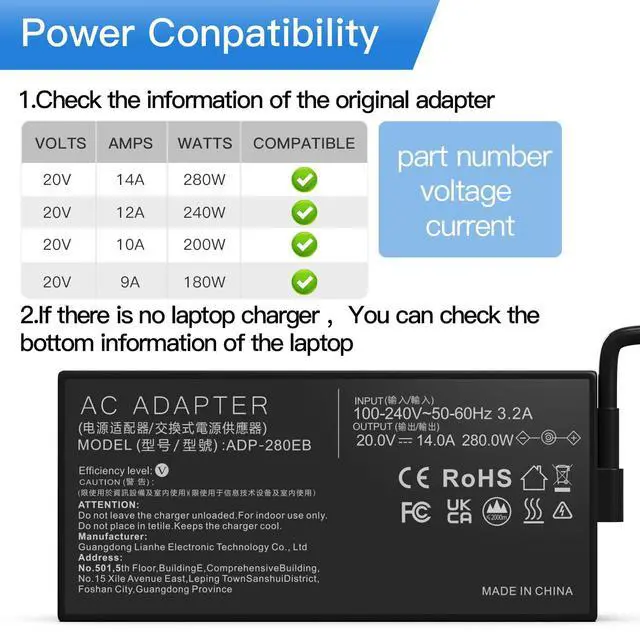 Alt view image 2 of 5 - 280W AC Adapter Charger ADP-280EB Fit for Asus Rog Flow X16 Rog Strix G15 G16 G17 Rog Strix G18 Rog Strix Scar 15 17 SE ROG Zephyrus M16 Asus Tuf Gaming A16 Laptop Power Supply Adapter Cord20V14A