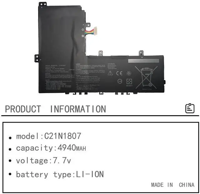 Alt view image 2 of 5 - Hubei C21N1807 C21PiCH 0B200-03040000 Laptop Battery Replacement for Asus C223NA-1A C223NA-1B ChromeBook C223NA-DH02 GJ0025 VivoBook E12 E203NA-FD020TS FD048T FD088T FD026T Series(7.7V 38Wh 4940mAh)