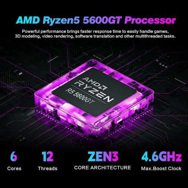 Alt view image 2 of 5 - AEXPXO PC Desktop,AMD Ryzen 5 5600GT 3.6GHz,16GB DDR4 RAM 3200MHz,1TB NVME SSD,Supply WiFi/Bluetooth Support for Office, Light Entertainment, Video Editing